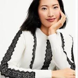 LOFT Women’s Large White pullover Sweater with Black Lace Trim NWT Crew Neck